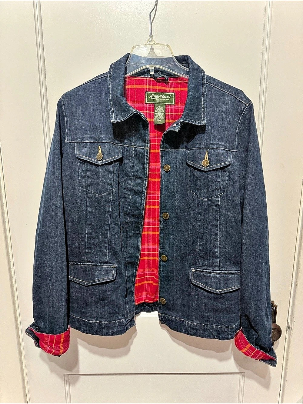 Eddie Bauer Plaid-Lined Denim Jacket Blue Large